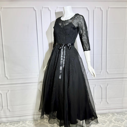 HENRI BENDEL vintage evening dress gown, 1950s black silk lace cocktail party ball gown