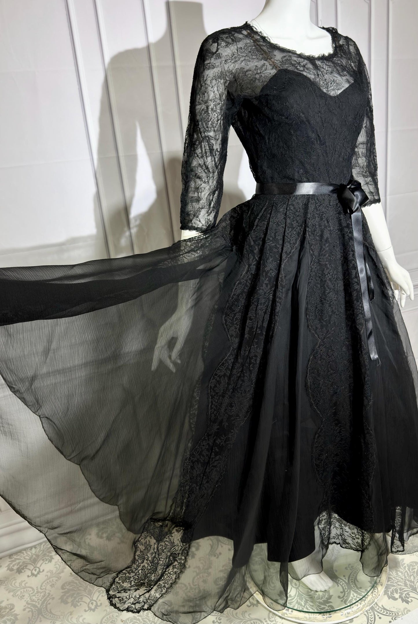 HENRI BENDEL vintage evening dress gown, 1950s black silk lace cocktail party ball gown