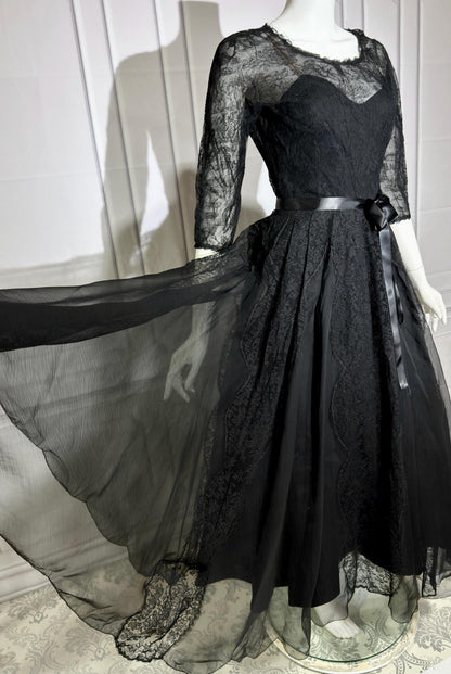 HENRI BENDEL vintage evening dress gown, 1950s black silk lace cocktail party ball gown