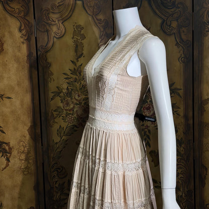 1970s Vintage evening wedding Dress, Blush Taupe Mexican Boho cotton crochet gown