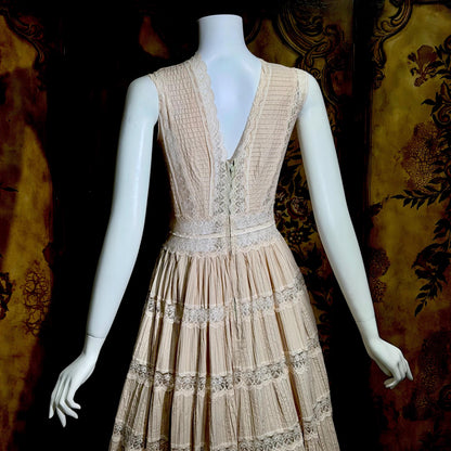 1970s Vintage evening wedding Dress, Blush Taupe Mexican Boho cotton crochet gown