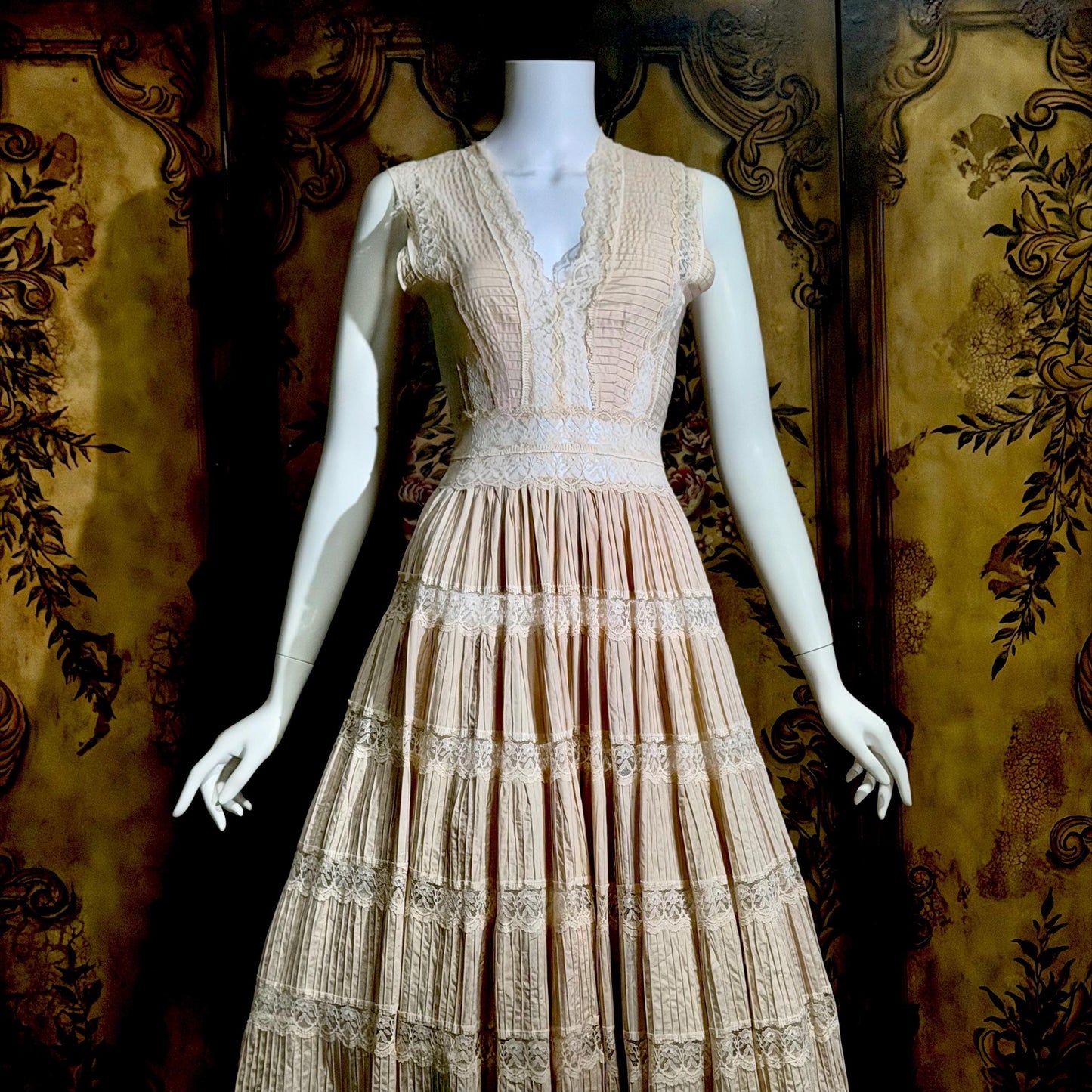 1970s Vintage evening wedding Dress, Blush Taupe Mexican Boho cotton crochet gown