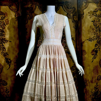 1970s Vintage evening wedding Dress, Blush Taupe Mexican Boho cotton crochet gown