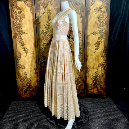 1970s Vintage evening wedding Dress, Blush Taupe Mexican Boho cotton crochet gown