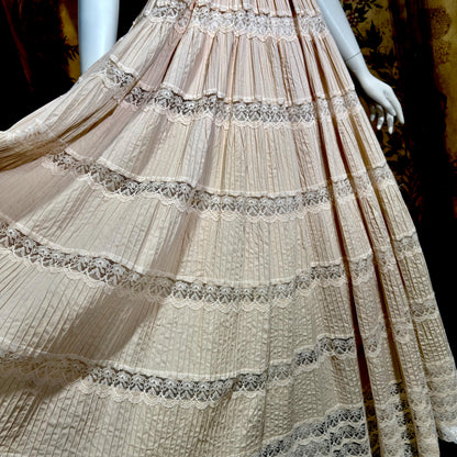 1970s Vintage evening wedding Dress, Blush Taupe Mexican Boho cotton crochet gown