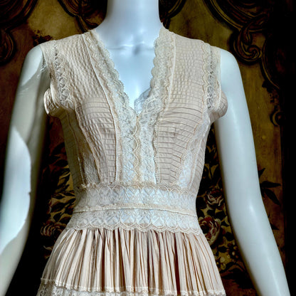 1970s Vintage evening wedding Dress, Blush Taupe Mexican Boho cotton crochet gown