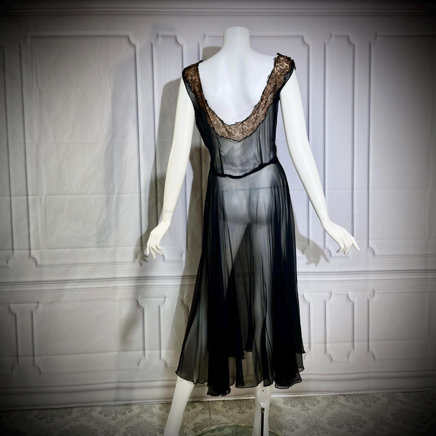 1950s vintage evening cocktail dress, SHEER black silk chiffon party dress