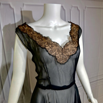 1950s vintage evening cocktail dress, SHEER black silk chiffon party dress