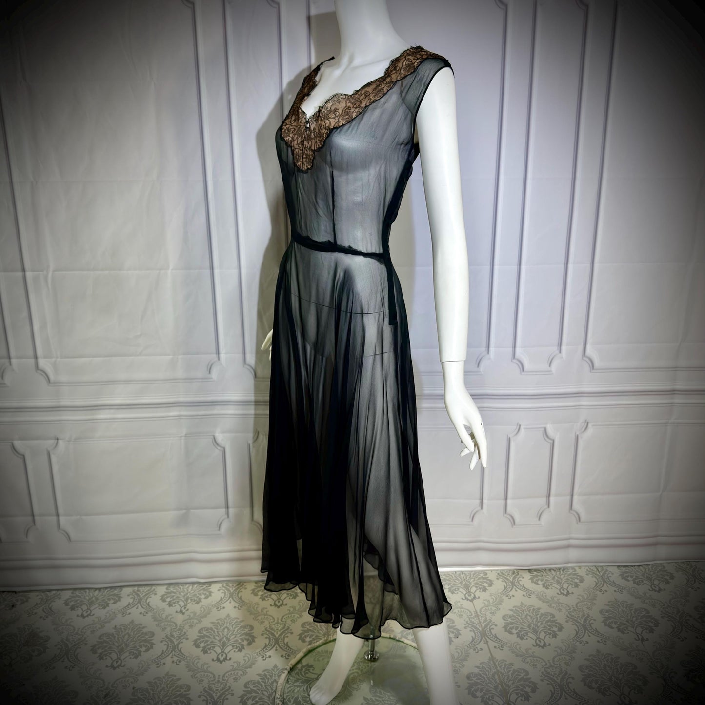 1950s vintage evening cocktail dress, SHEER black silk chiffon party dress
