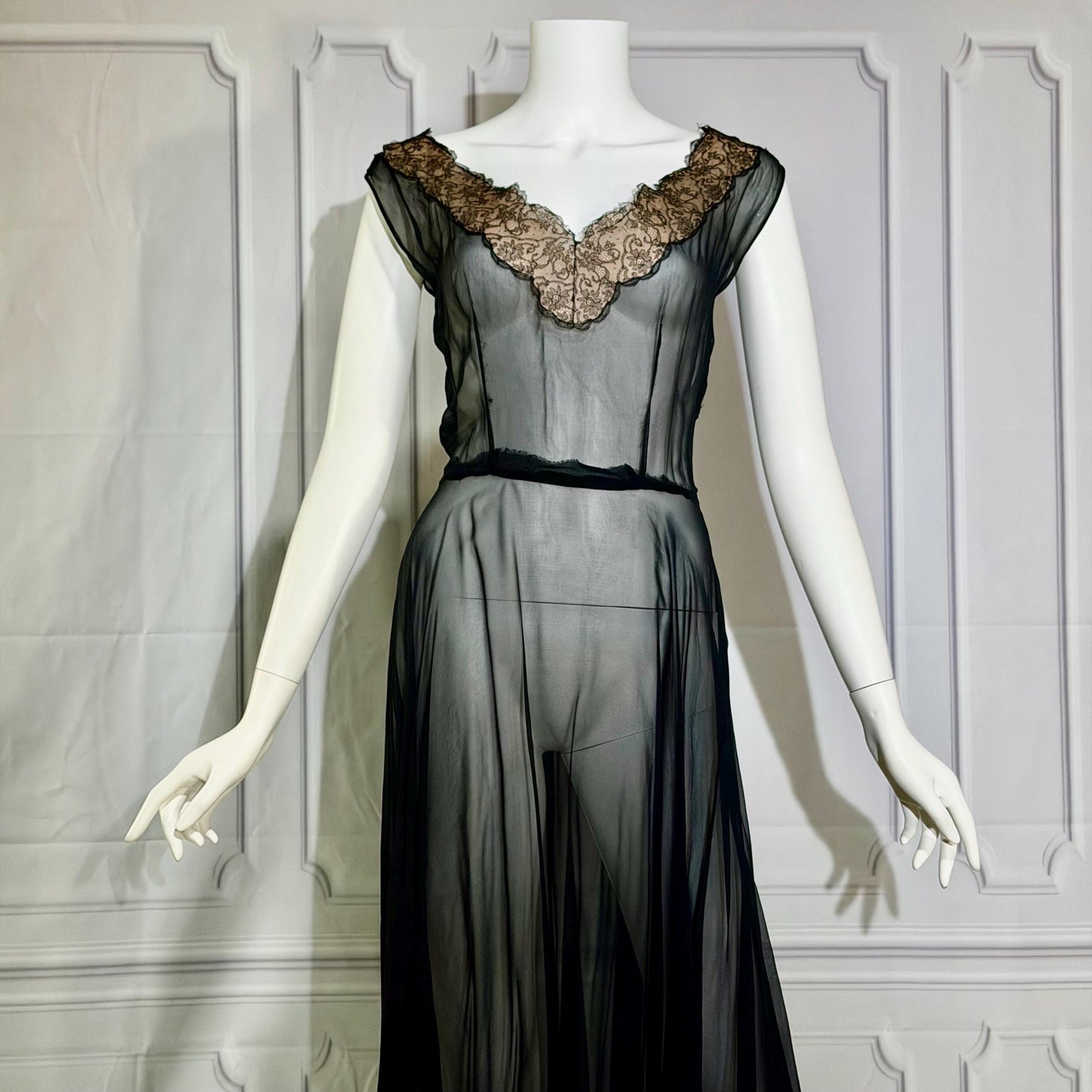 1950s vintage evening cocktail dress, SHEER black silk chiffon party dress