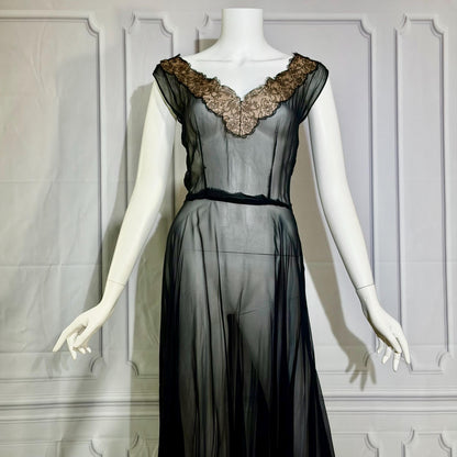 1950s vintage evening cocktail dress, SHEER black silk chiffon party dress