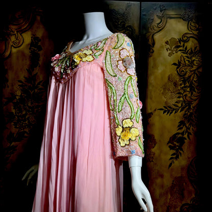 ESTHER BUZZOLINI vintage evening dress gown, 1960s pink silk chiffon beaded shift gown