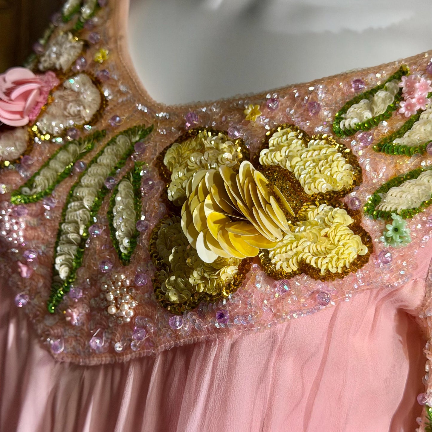 ESTHER BUZZOLINI vintage evening dress gown, 1960s pink silk chiffon beaded shift gown