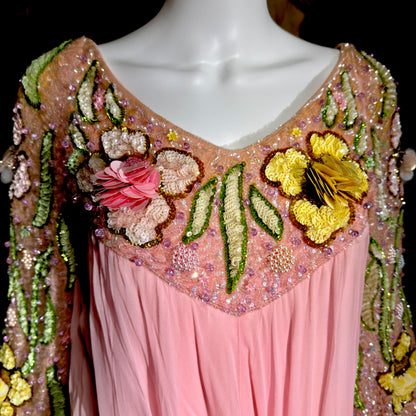 ESTHER BUZZOLINI vintage evening dress gown, 1960s pink silk chiffon beaded shift gown