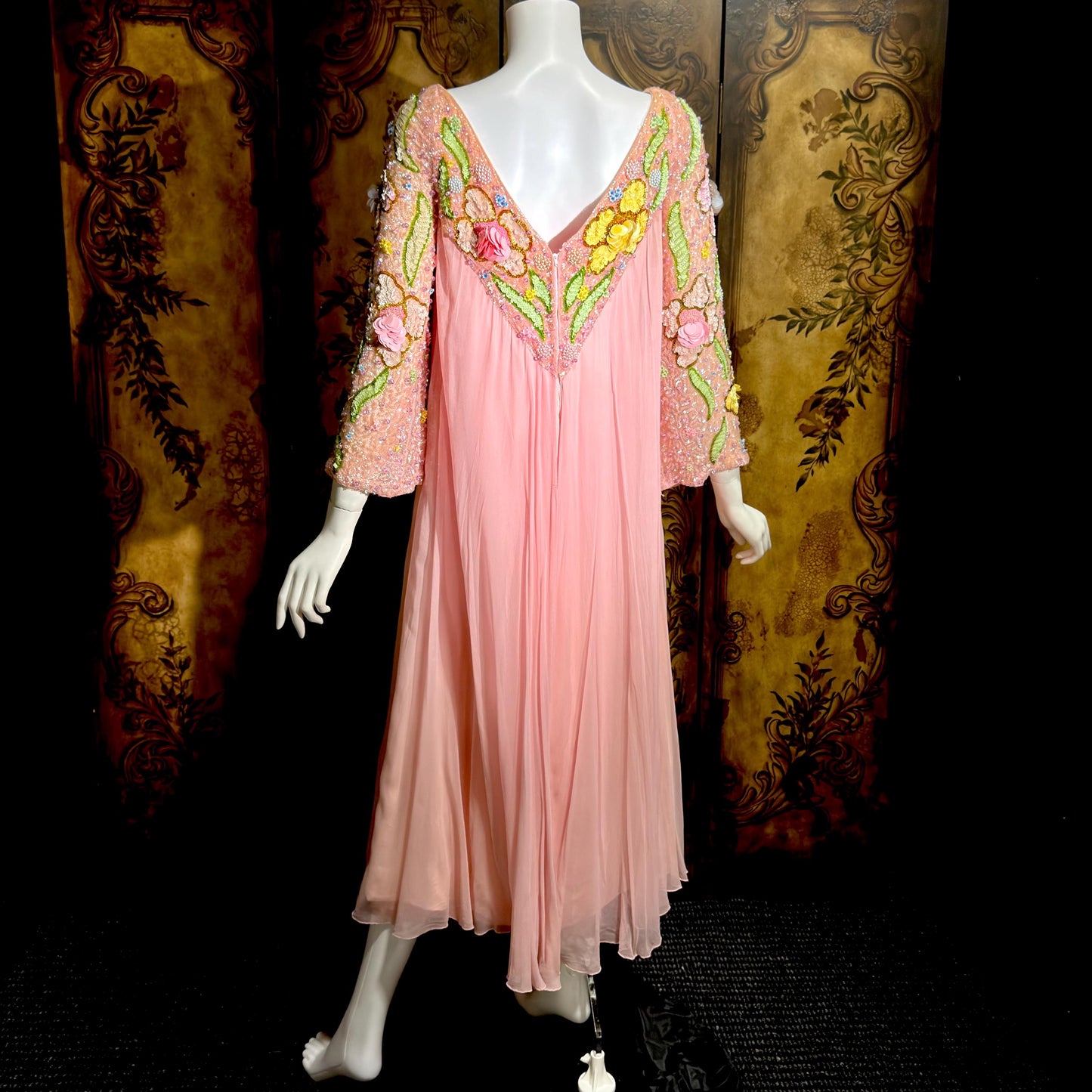 ESTHER BUZZOLINI vintage evening dress gown, 1960s pink silk chiffon beaded shift gown