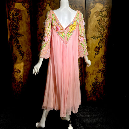 ESTHER BUZZOLINI vintage evening dress gown, 1960s pink silk chiffon beaded shift gown