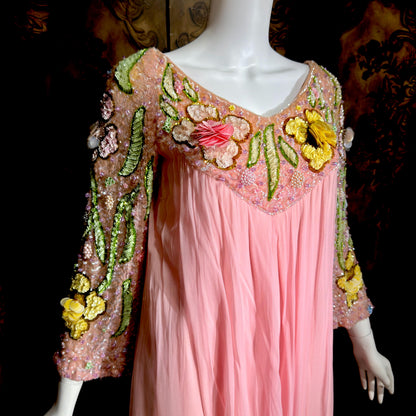 ESTHER BUZZOLINI vintage evening dress gown, 1960s pink silk chiffon beaded shift gown