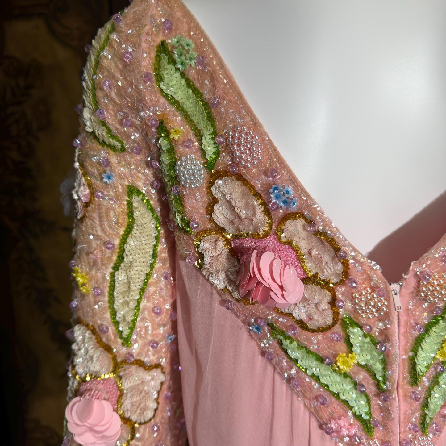 ESTHER BUZZOLINI vintage evening dress gown, 1960s pink silk chiffon beaded shift gown