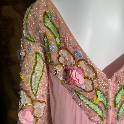 ESTHER BUZZOLINI vintage evening dress gown, 1960s pink silk chiffon beaded shift gown