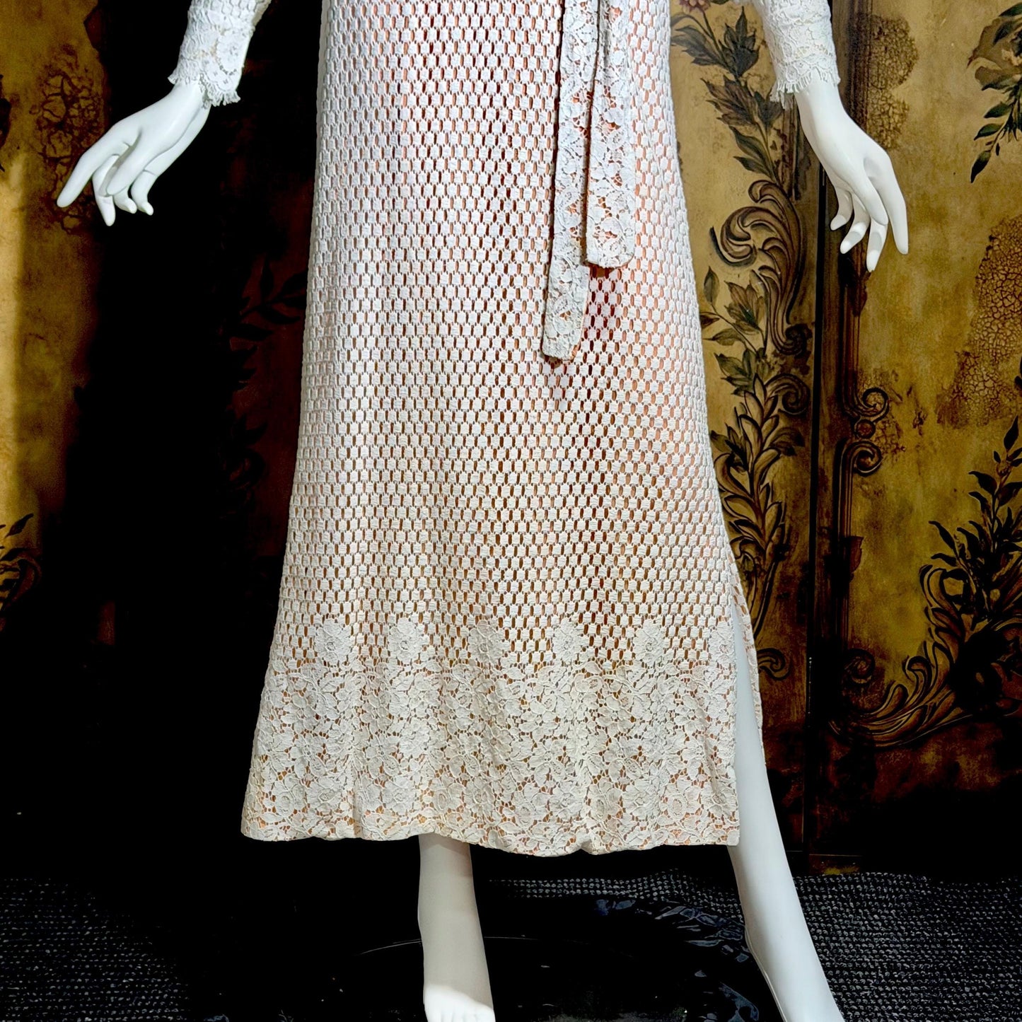 DAN LEE COUTURE Vintage 1970s maxi dress, white open weave cotton lace hostess dress