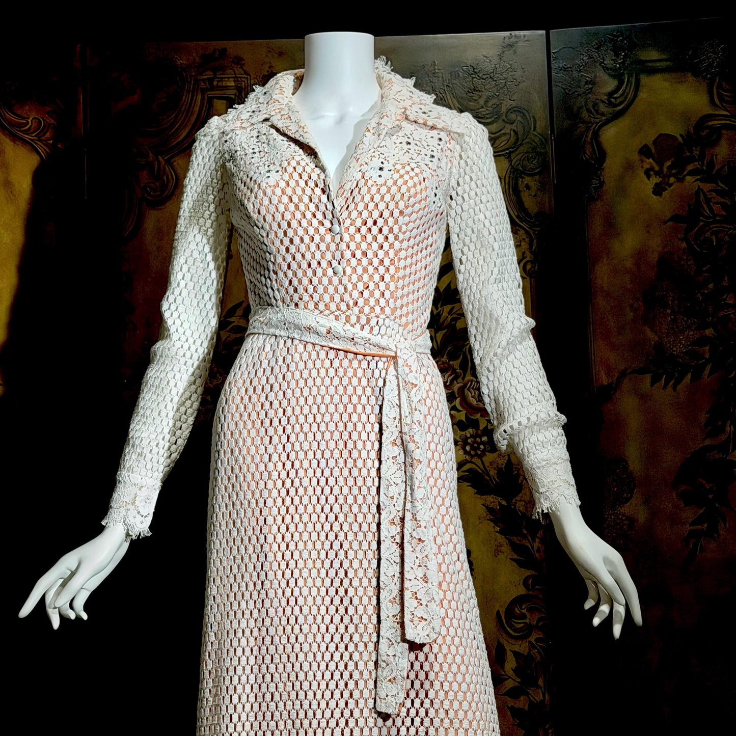DAN LEE COUTURE Vintage 1970s maxi dress, white open weave cotton lace hostess dress