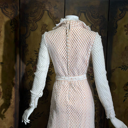 DAN LEE COUTURE Vintage 1970s maxi dress, white open weave cotton lace hostess dress
