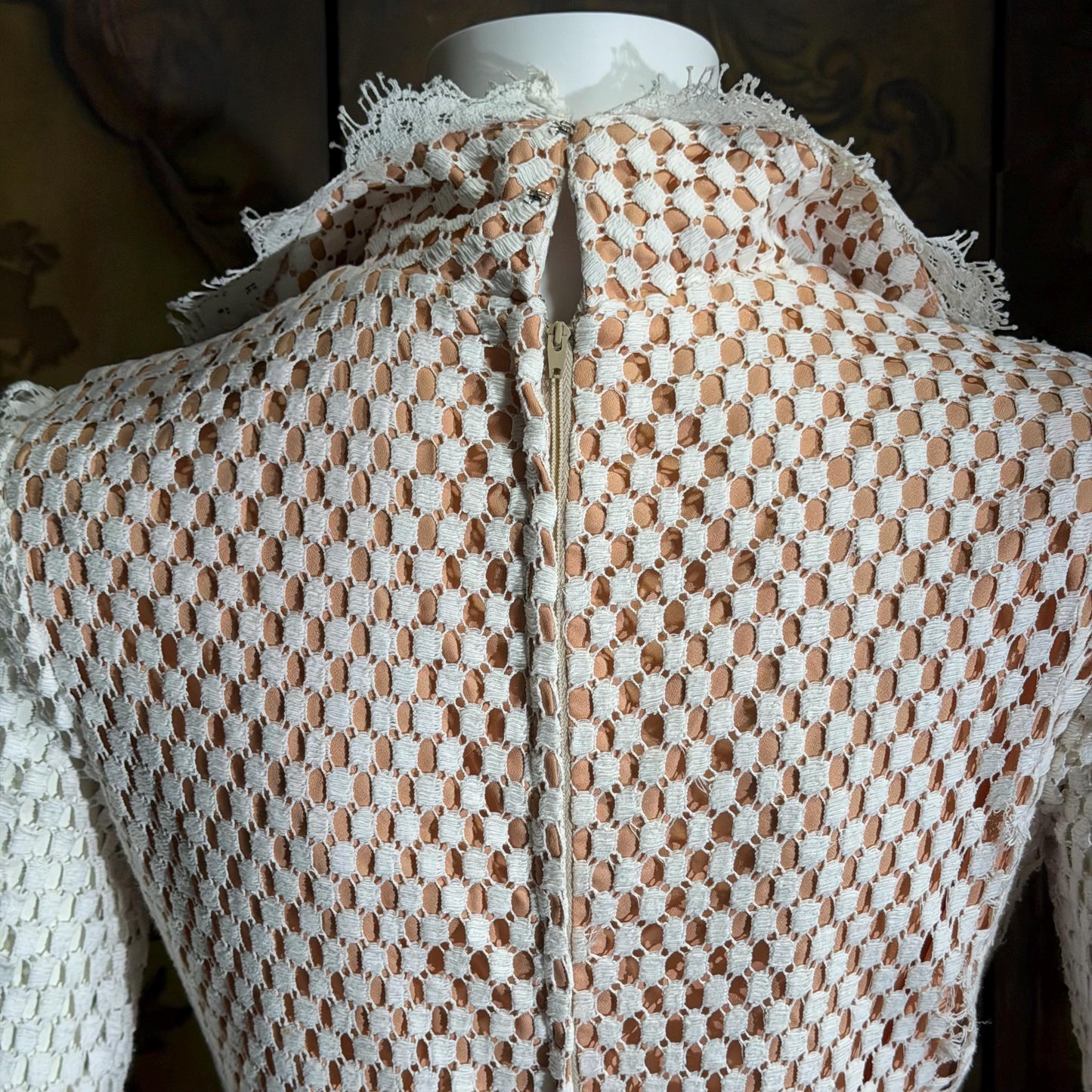 DAN LEE COUTURE Vintage 1970s maxi dress, white open weave cotton lace hostess dress