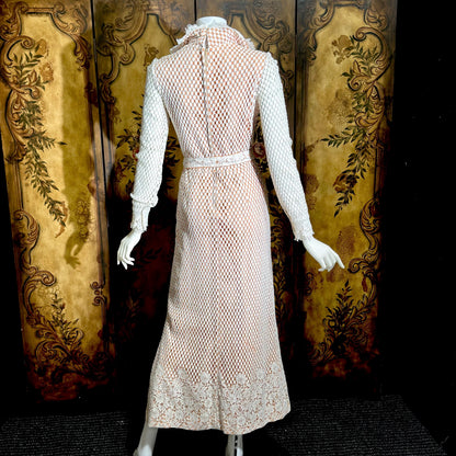 DAN LEE COUTURE Vintage 1970s maxi dress, white open weave cotton lace hostess dress