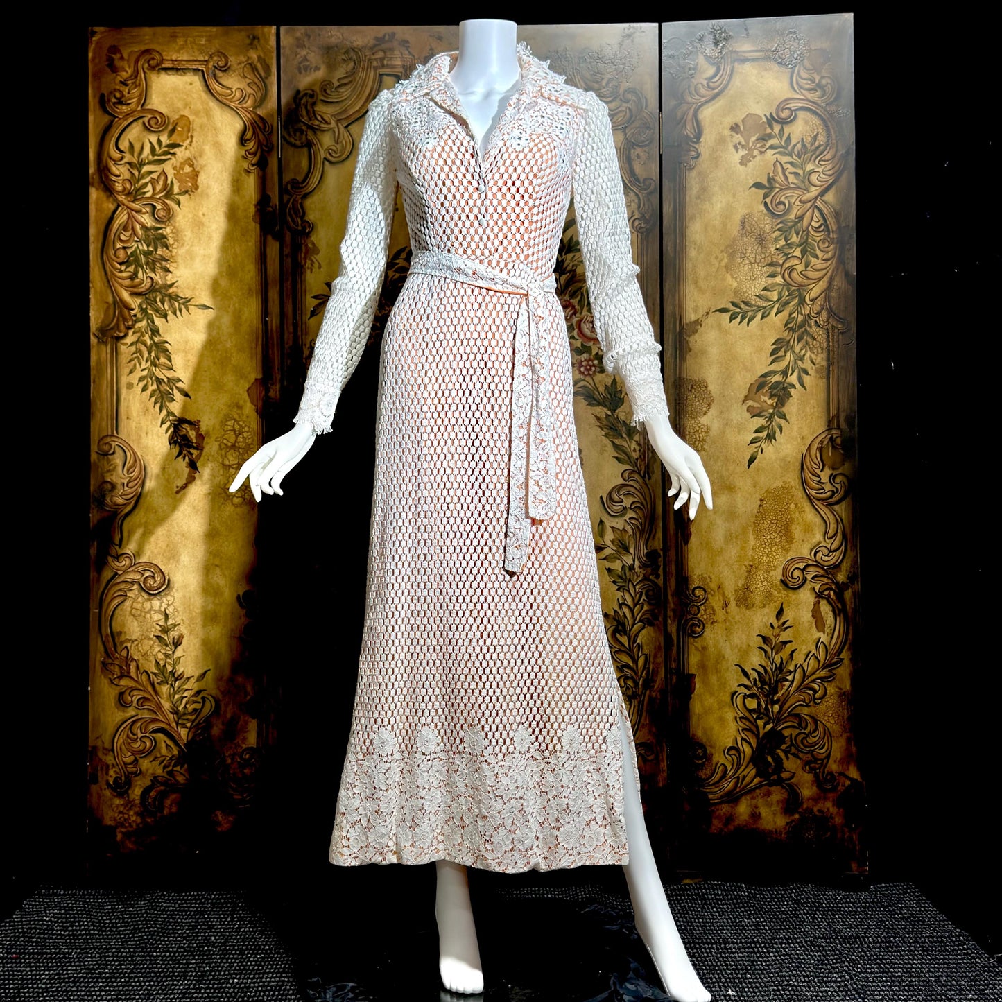 DAN LEE COUTURE Vintage 1970s maxi dress, white open weave cotton lace hostess dress