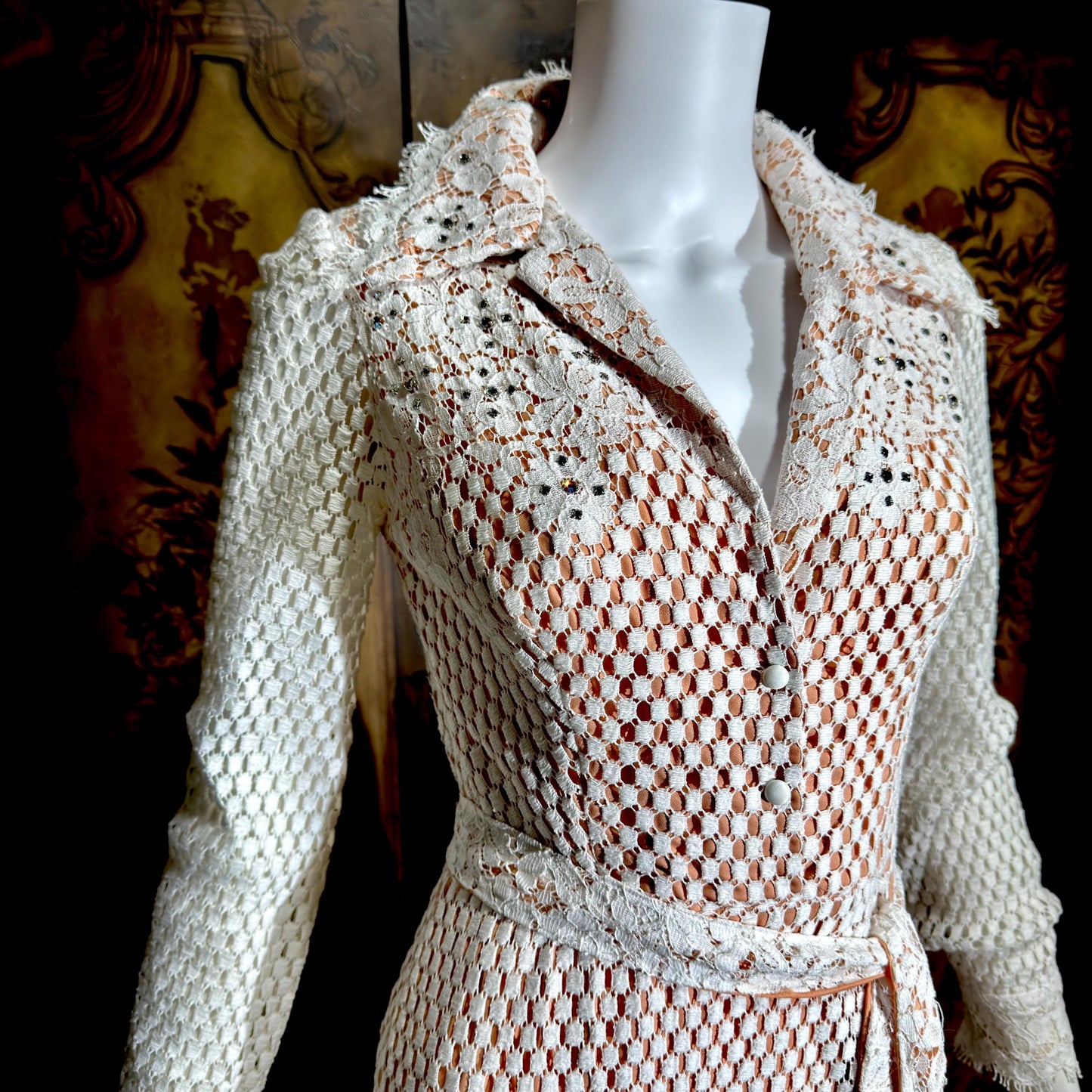 DAN LEE COUTURE Vintage 1970s maxi dress, white open weave cotton lace hostess dress