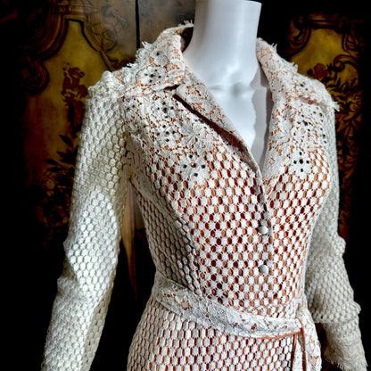DAN LEE COUTURE Vintage 1970s maxi dress, white open weave cotton lace hostess dress