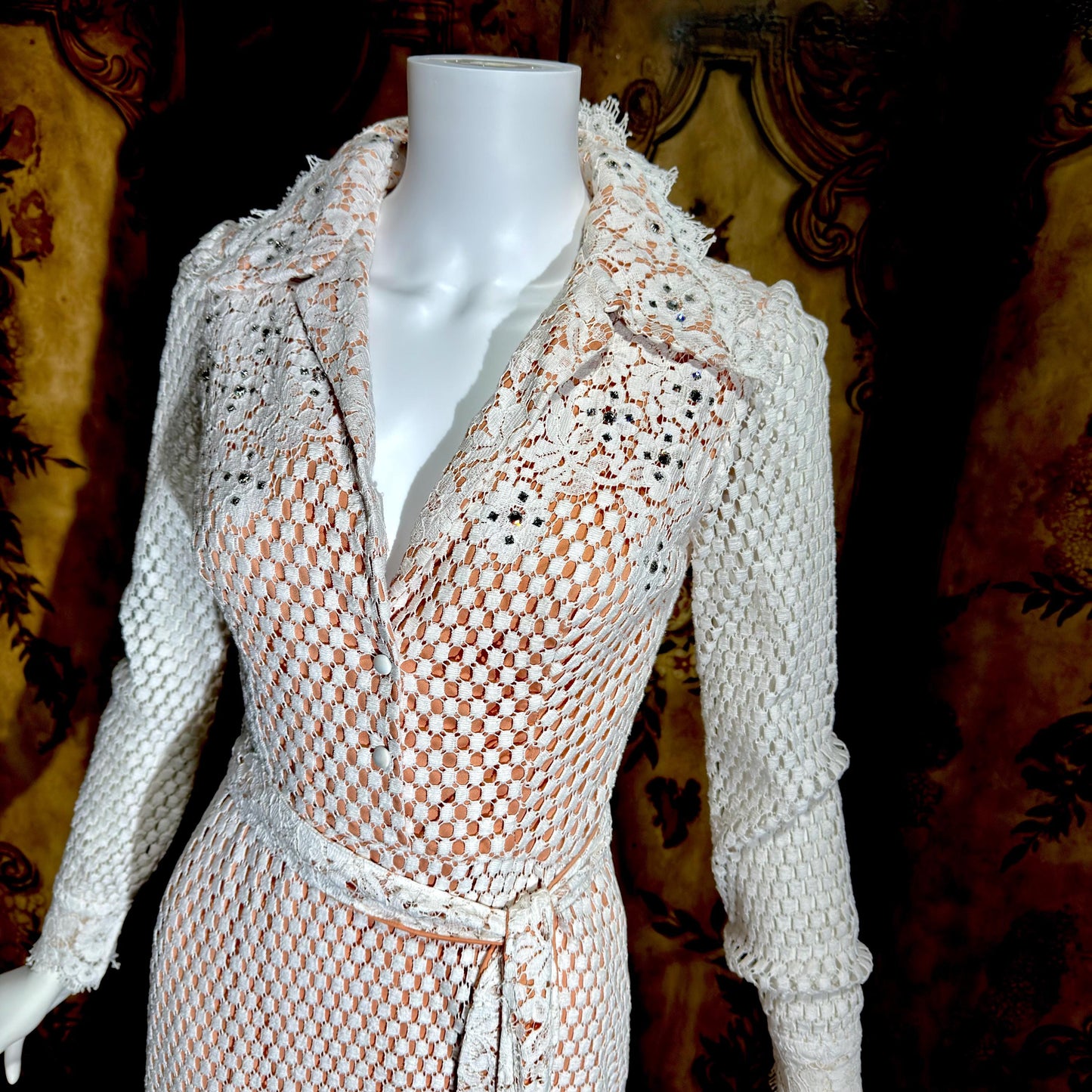 DAN LEE COUTURE Vintage 1970s maxi dress, white open weave cotton lace hostess dress