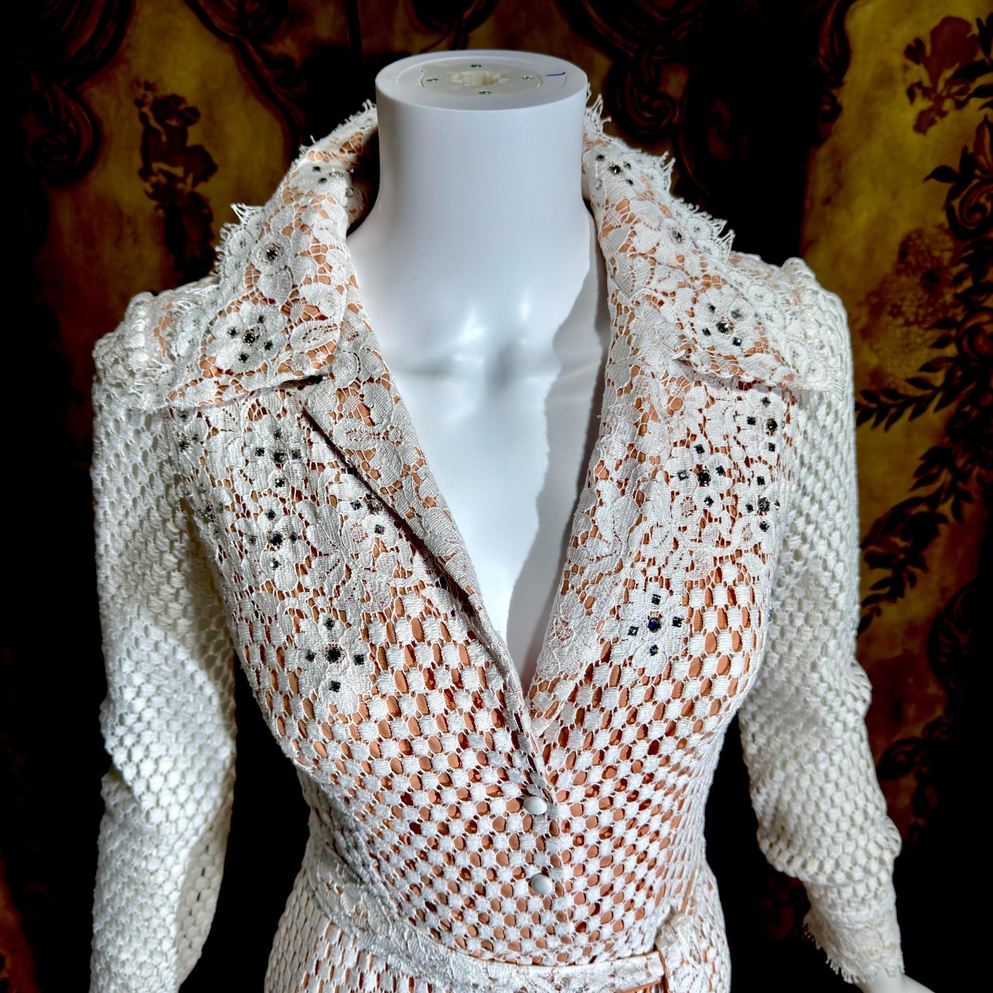 DAN LEE COUTURE Vintage 1970s maxi dress, white open weave cotton lace hostess dress