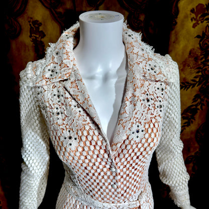 DAN LEE COUTURE Vintage 1970s maxi dress, white open weave cotton lace hostess dress