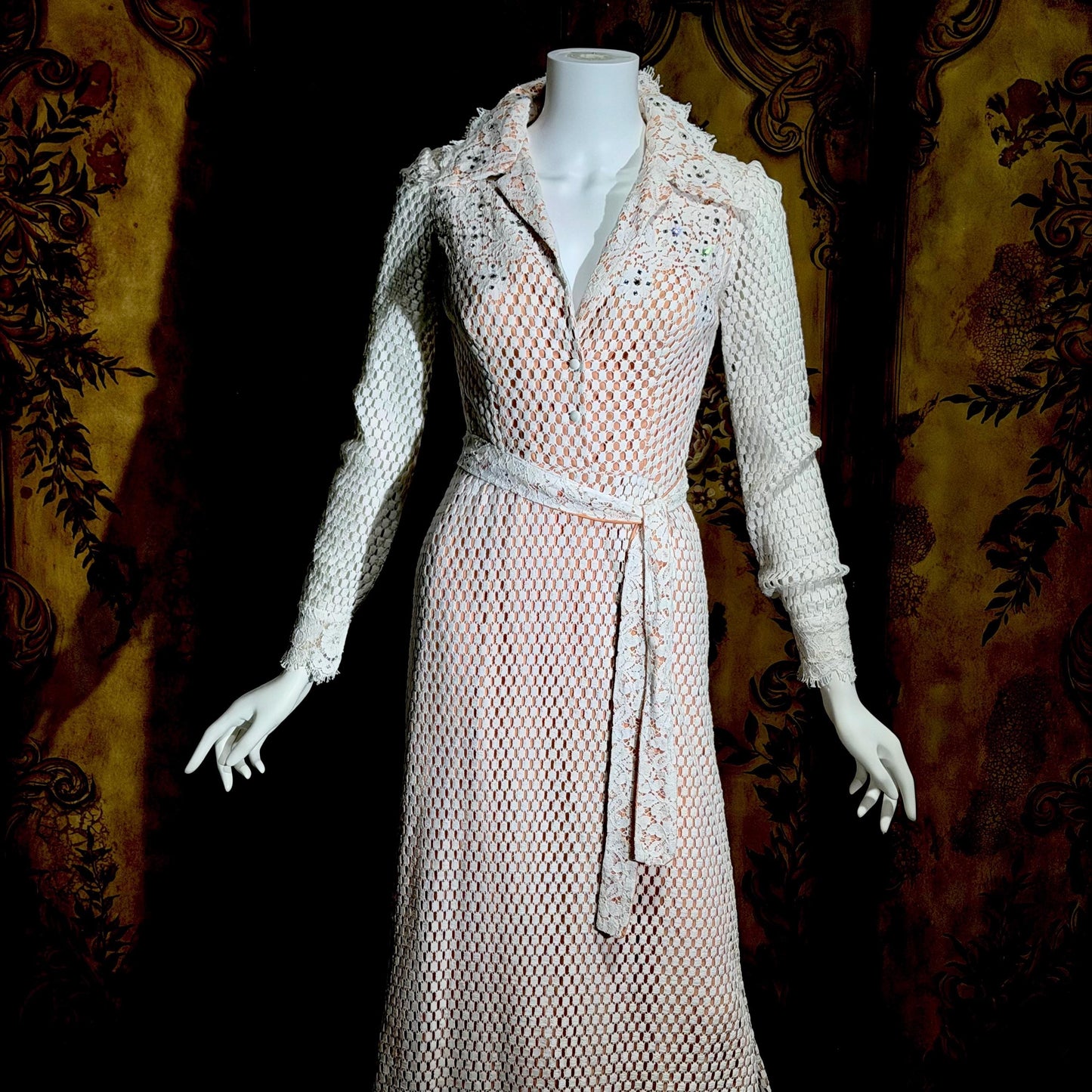 DAN LEE COUTURE Vintage 1970s maxi dress, white open weave cotton lace hostess dress
