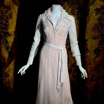 DAN LEE COUTURE Vintage 1970s maxi dress, white open weave cotton lace hostess dress
