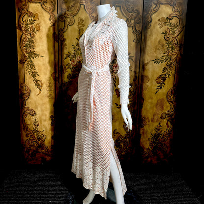 DAN LEE COUTURE Vintage 1970s maxi dress, white open weave cotton lace hostess dress