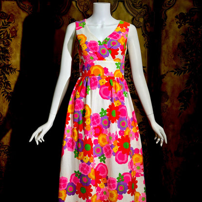 MALIA Vintage 1960s maxi dress, Hawaiian waffled cotton floral summer sundress