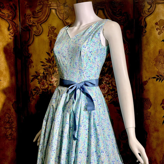 LAURA ASHLEY vintage 1980s day dress, Blue floral cotton full skirt midi dress