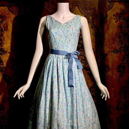 LAURA ASHLEY vintage 1980s day dress, Blue floral cotton full skirt midi dress