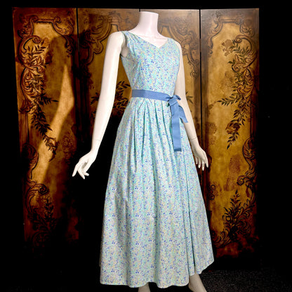 LAURA ASHLEY vintage 1980s day dress, Blue floral cotton full skirt midi dress