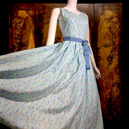LAURA ASHLEY vintage 1980s day dress, Blue floral cotton full skirt midi dress