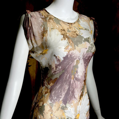 CAROL PERETZ Vintage evening cocktail dress, 1990s Sheer Floral Silk Slip Dress