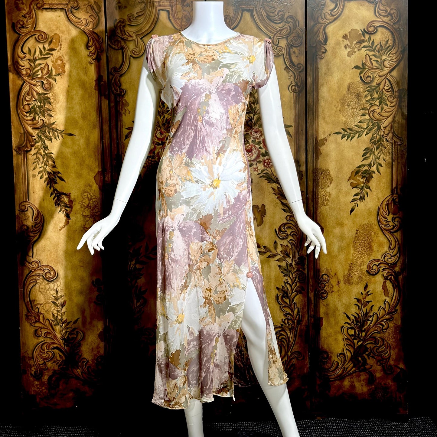 CAROL PERETZ Vintage evening cocktail dress, 1990s Sheer Floral Silk Slip Dress