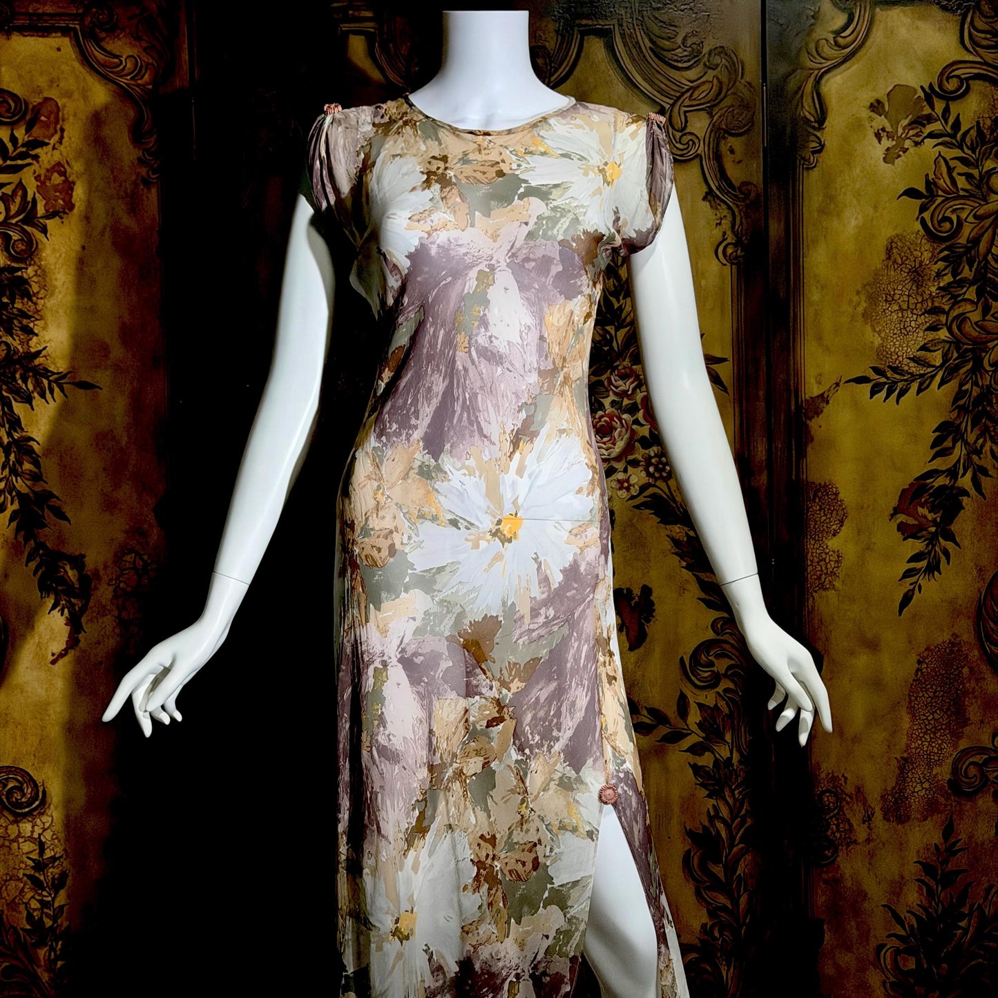 CAROL PERETZ Vintage evening cocktail dress, 1990s Sheer Floral Silk Slip Dress
