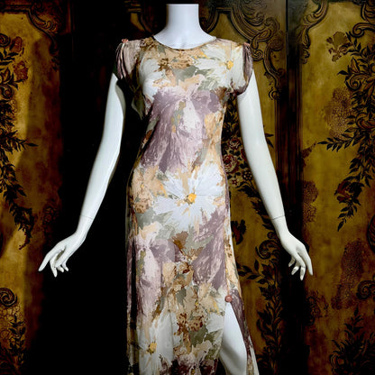 CAROL PERETZ Vintage evening cocktail dress, 1990s Sheer Floral Silk Slip Dress
