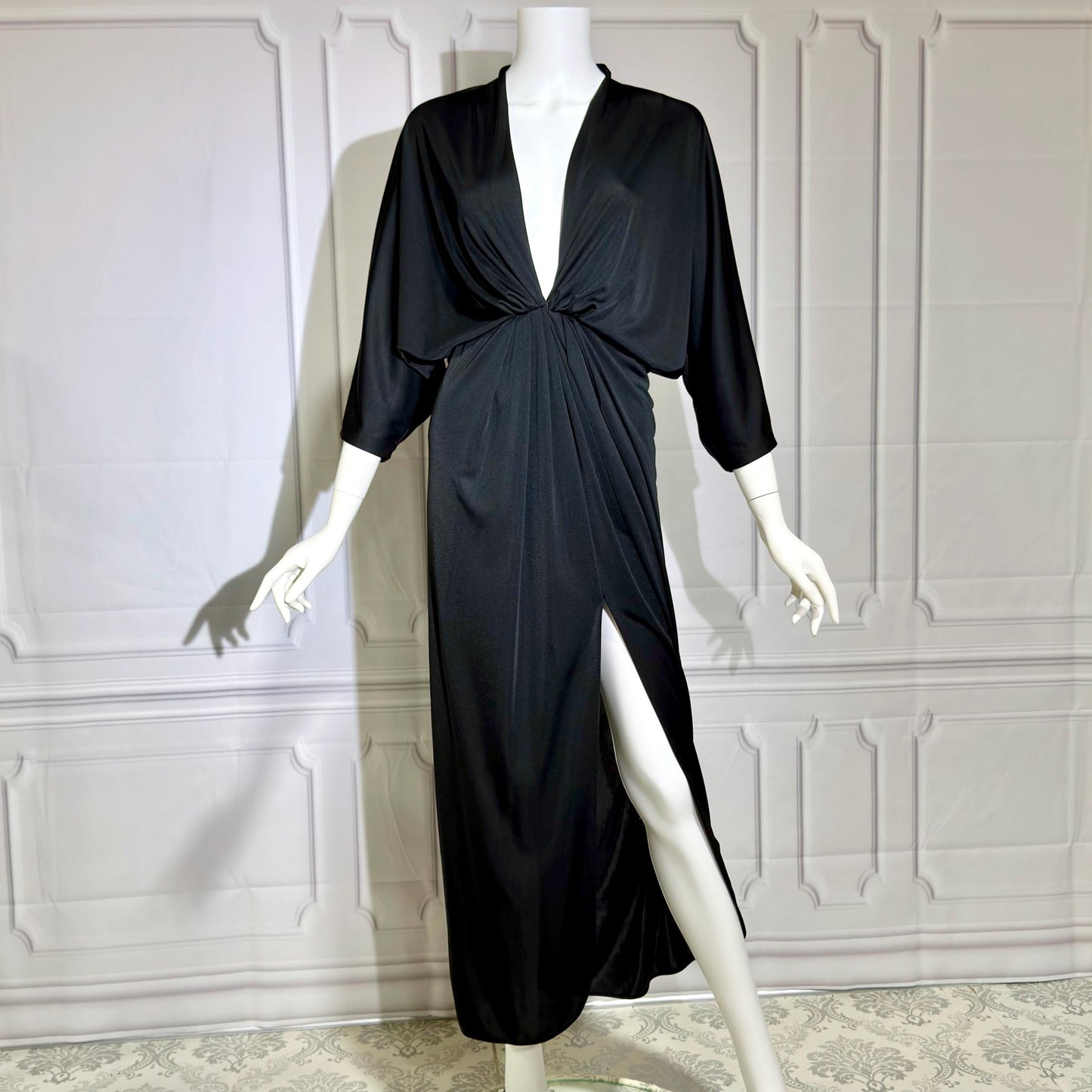 LUCIE ANN Vintage 1960s Evening Caftan, Black Slinky knit nylon Batwing Kaftan dress