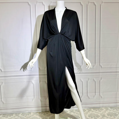 LUCIE ANN Vintage 1960s Evening Caftan, Black Slinky knit nylon Batwing Kaftan dress