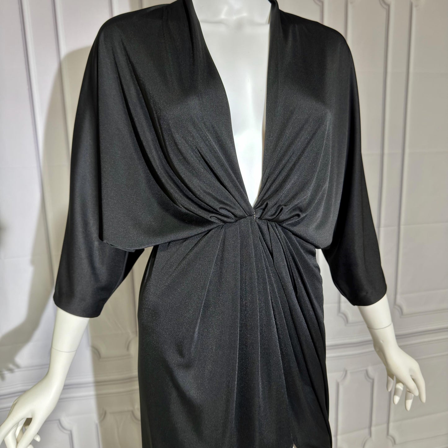 LUCIE ANN Vintage 1960s Evening Caftan, Black Slinky knit nylon Batwing Kaftan dress