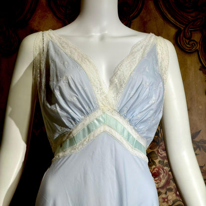 FISCHER vintage 1940s nightgown slip dress, HEAVENLY LINGERIE powder blue cotton blend